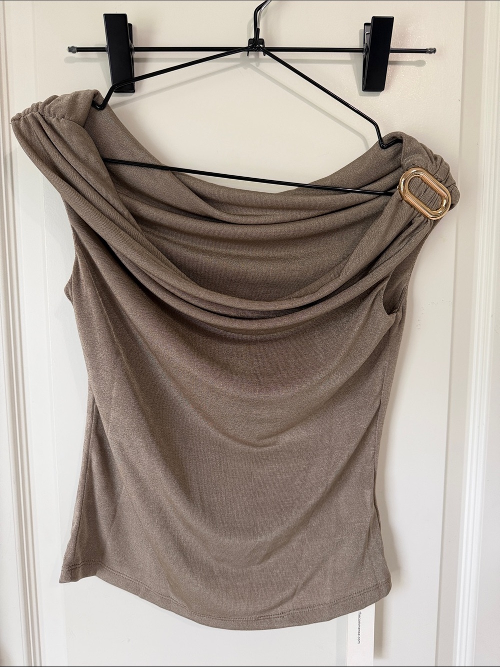 Commense Taupe Draped One-Shoulder Top with Gold Buckle